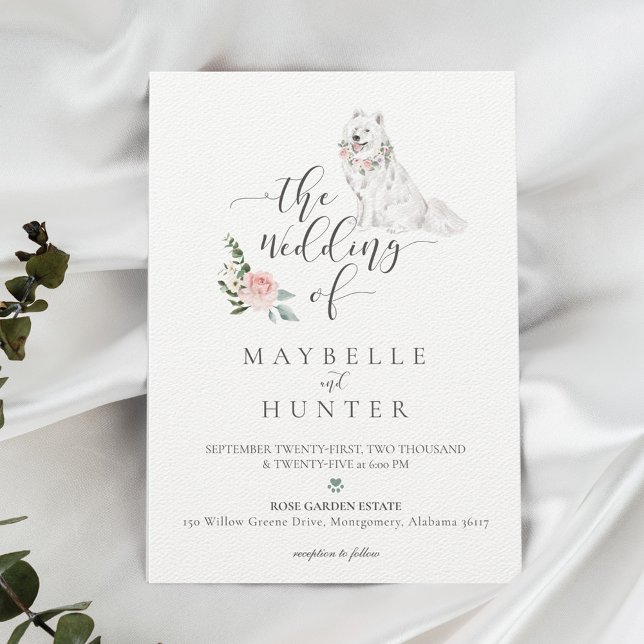Invitación Acuarela Blanca Samoyen Perro y Rosa Floral Rosa (Subido por el creador)