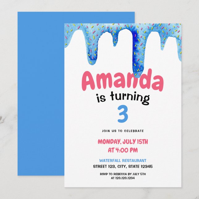 Invitación Acuarela Blue Ice Cream Drith Cumpleaños (Anverso / Reverso)