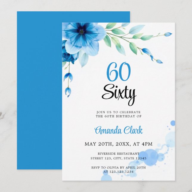 Invitación Acuarela Blue Soft Bubbles Floral 60 cumpleaños (Anverso / Reverso)