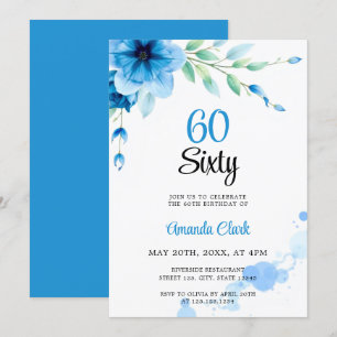 Invitación Acuarela Blue Soft Bubbles Floral 60 cumpleaños