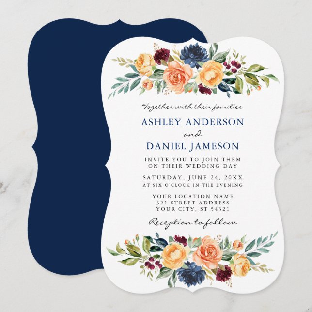 Invitación Acuarela Boda azul de vegetación floral mixta (Anverso / Reverso)