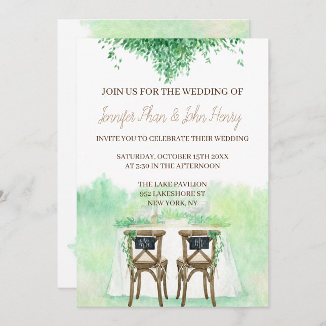 Invitación Acuarela boda con mesa y sillas boda (Anverso / Reverso)