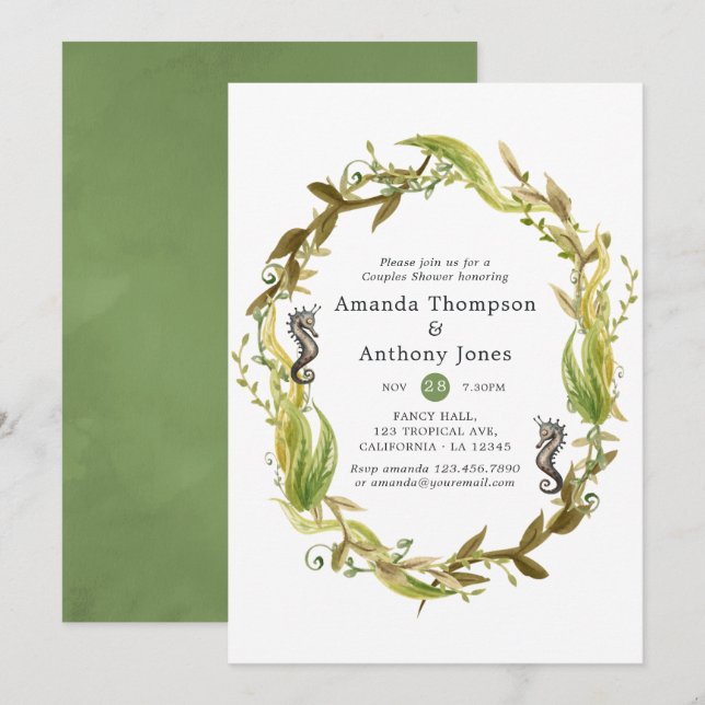 Invitación Acuarela Boda de algas náuticas Ducha de pareja (Anverso / Reverso)