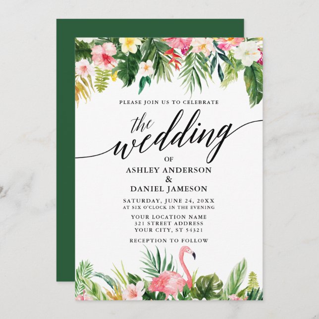 Invitación Acuarela Boda de caligrafía floral tropical GR (Anverso / Reverso)