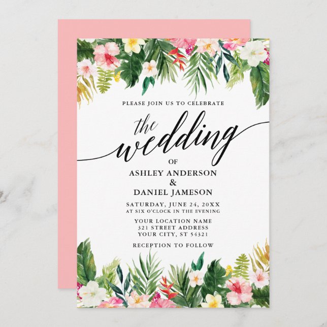 Invitación Acuarela Boda de caligrafía floral tropical Pnk (Anverso / Reverso)
