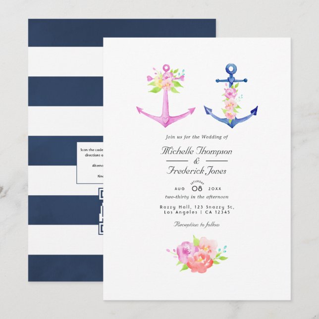 Invitación Acuarela Boda de código QR floral con tema náutico (Anverso / Reverso)