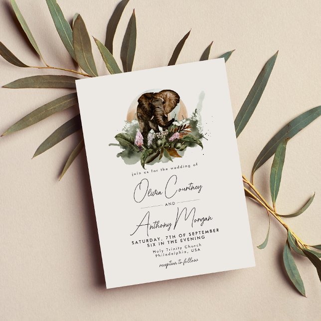 Invitación Acuarela Boda de Elefante de Selva de Safari Tropi (Subido por el creador)