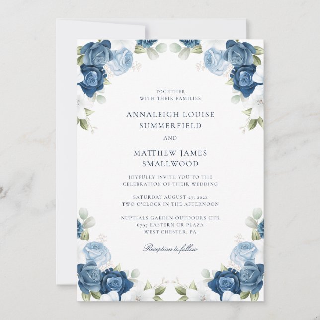 Invitación Acuarela Boda de Floral Azul Dusty Botánico (Anverso)