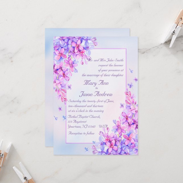 Invitación Acuarela Boda de flores de lino púrpura 5x7 Invita (Anverso/Reverso In Situ)