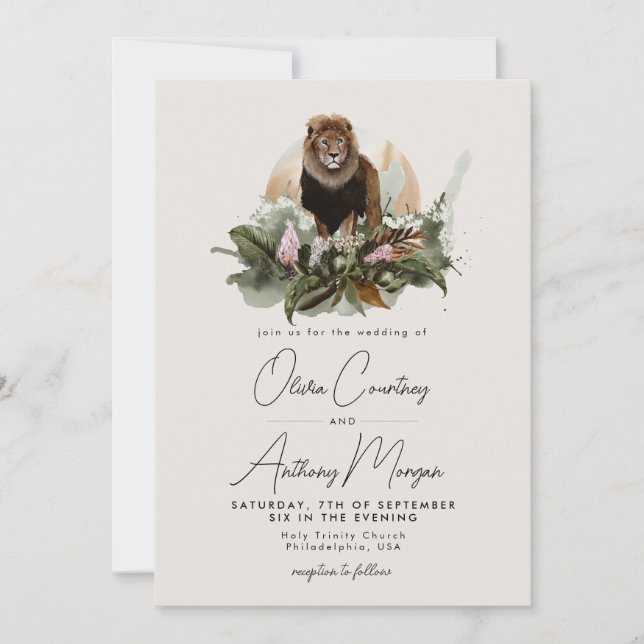 Invitación Acuarela Boda de León de la Selva Tropical Safari (Anverso)