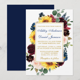 Invitación Acuarela Boda de marco floral mixto oro azul