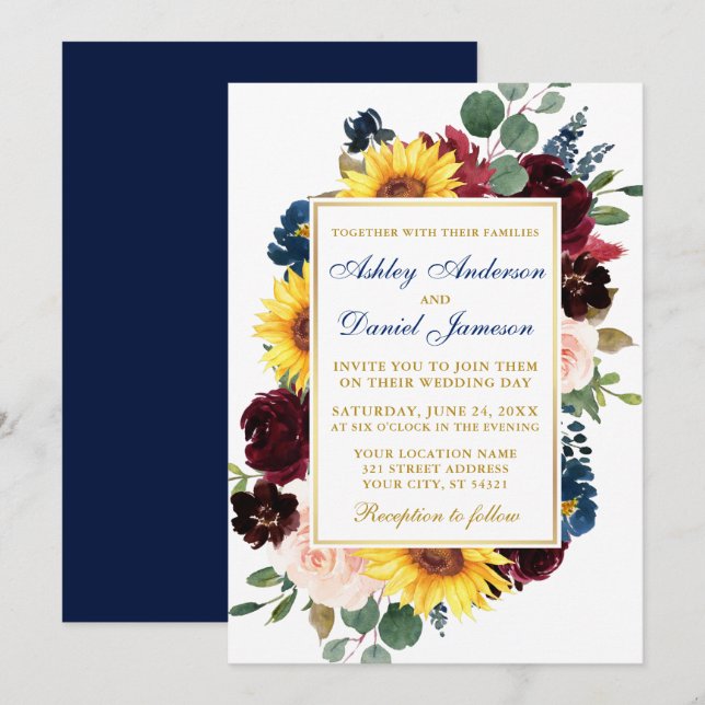Invitación Acuarela Boda de marco floral mixto oro azul (Anverso / Reverso)