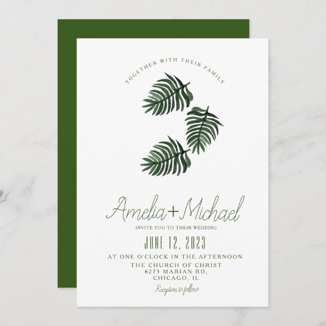 Invitación Acuarela Boda de Palm Verde Botánico Tropical (Anverso / Reverso)