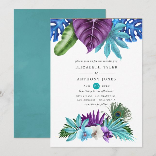Invitación Acuarela Boda de pavo real de orquídeas tropicales (Anverso / Reverso)