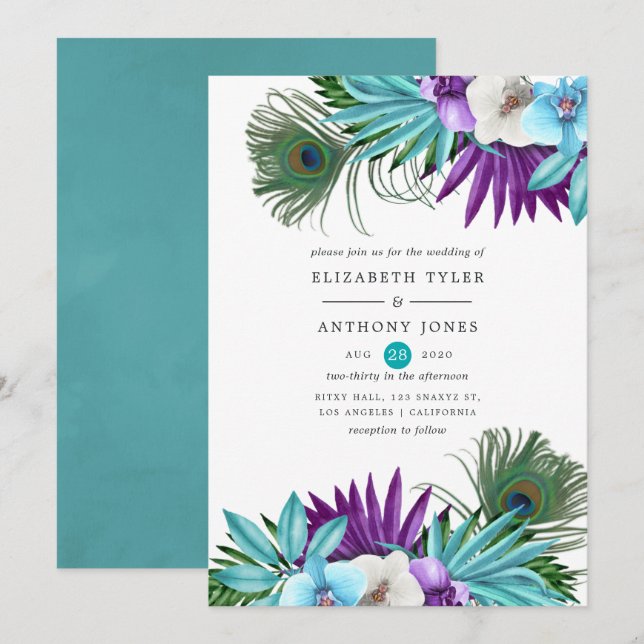 Invitación Acuarela Boda de pavo real de orquídeas tropicales (Anverso / Reverso)