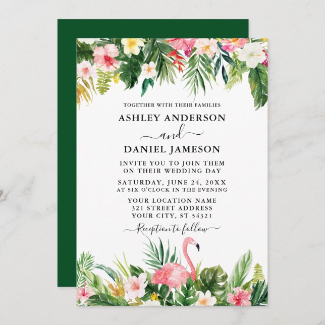 Invitación Acuarela boda Flamingo Floral tropical Verde (Anverso / Reverso)