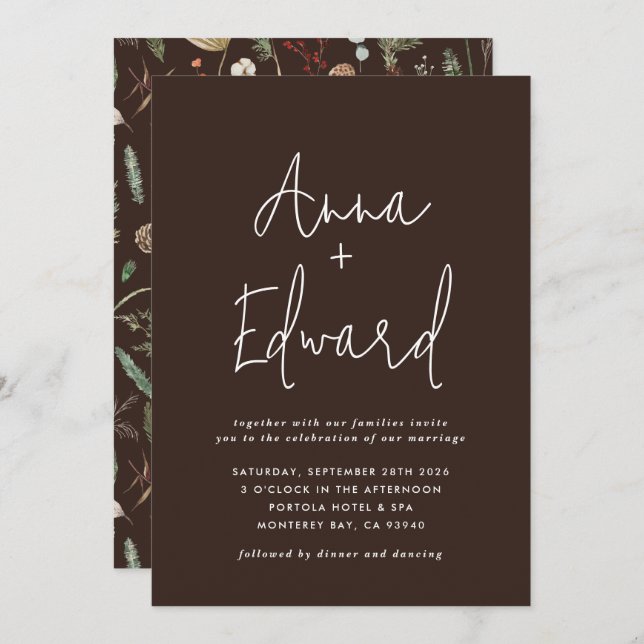 Invitación acuarela boda floral botánica marrón moderno (Anverso / Reverso)