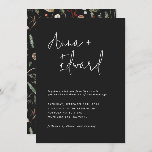 Invitación acuarela boda floral botánica negro moderno (Anverso / Reverso)