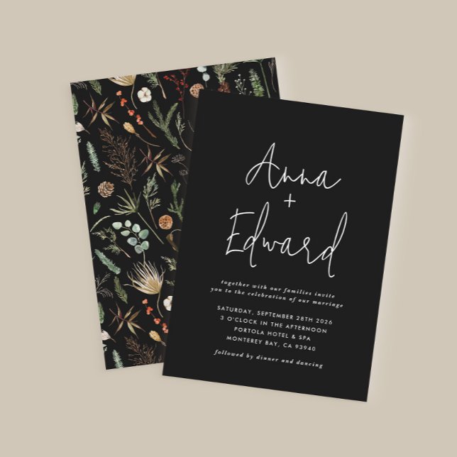 Invitación acuarela boda floral botánica negro moderno (Subido por el creador)