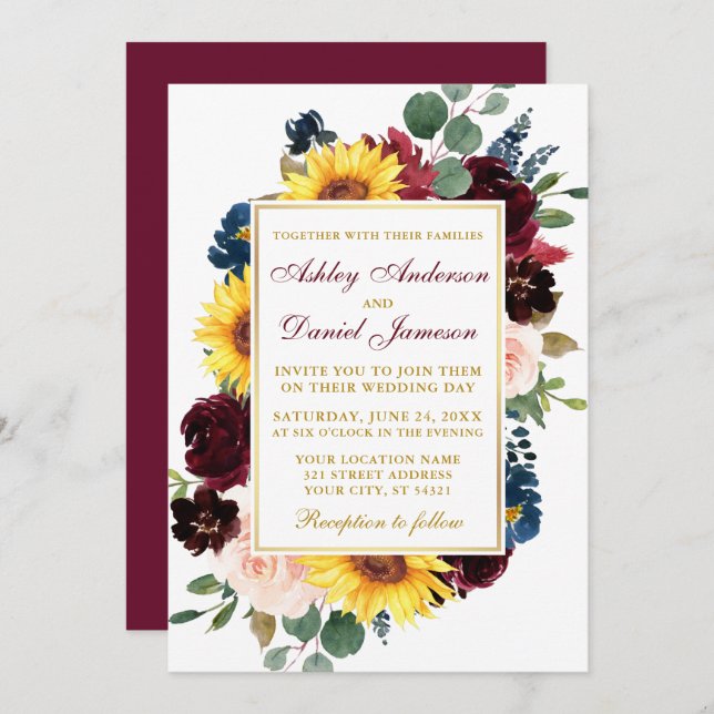 Invitación Acuarela Boda floral mixta borgoña dorado (Anverso / Reverso)