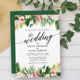 Invitación Acuarela Boda G de caligrafía floral tropical