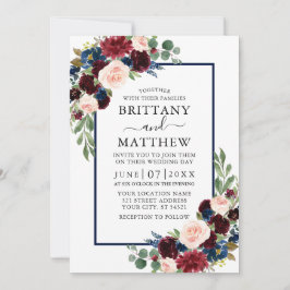 Invitación Acuarela Boda mixta floral borgoña azul