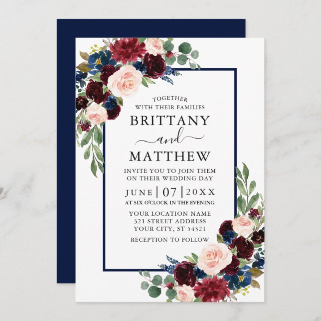 Invitación Acuarela Boda mixta floral borgoña azul (Anverso / Reverso)