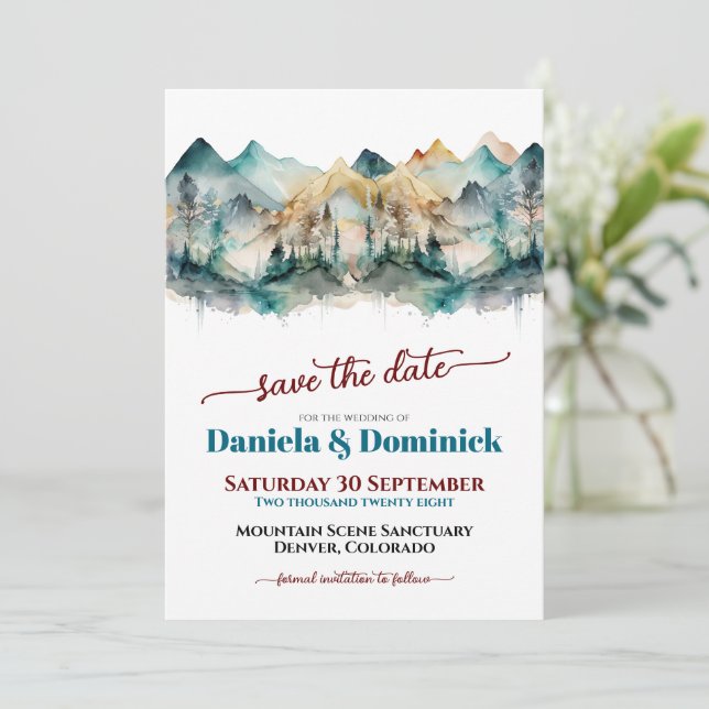 Invitación Acuarela Boda Verde azulada de Montaña Guardar la  (Anverso de pie)