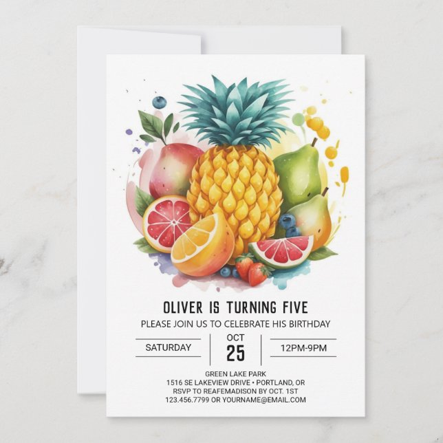 Invitación Acuarela Bohemia Fruto Cumpleaños (Anverso)