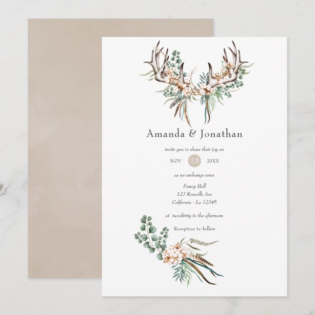Invitación Acuarela Boho Algodón y Eucalipto Boda Boho (Anverso / Reverso)