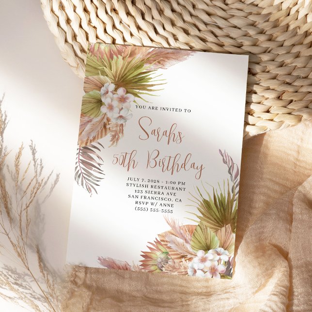 Invitación Acuarela Boho Beige Floral 50 cumpleaños (Beach Venue Birthday Invite)