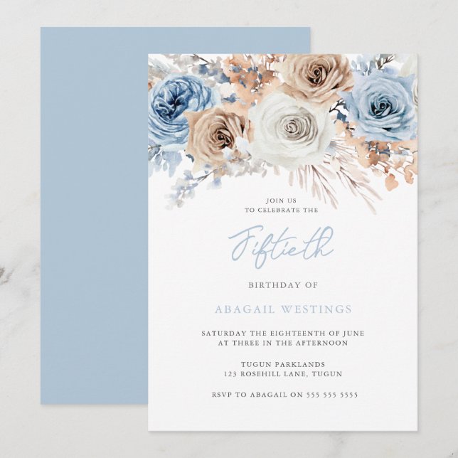 Invitación Acuarela Boho Blue Floral 50 cumpleaños (Anverso / Reverso)