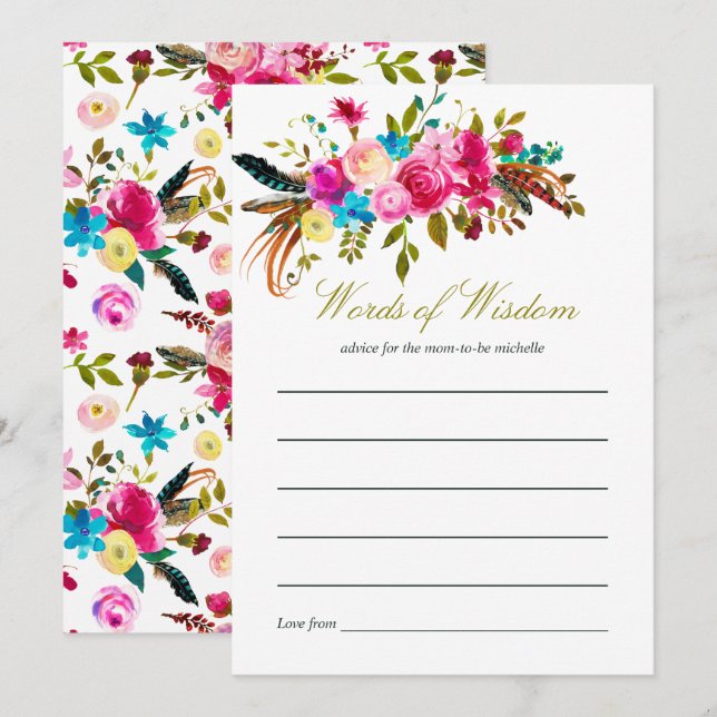 Invitación Acuarela Boho Chic Floral Fiesta de Bebé Consejos  (Anverso / Reverso)