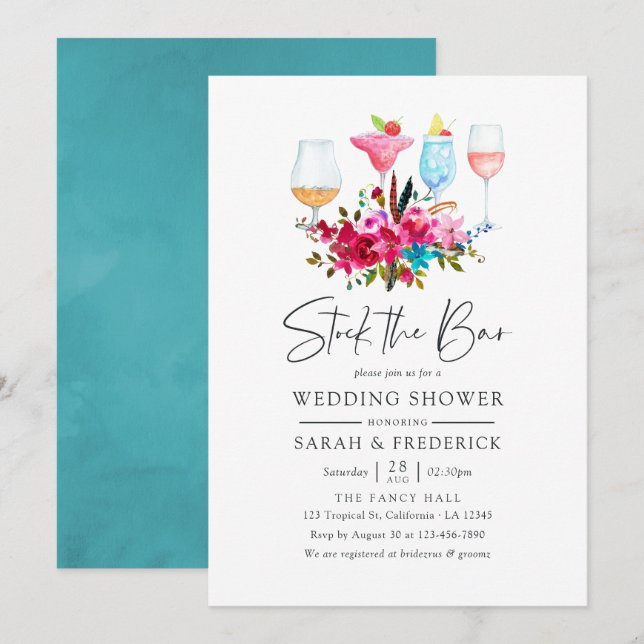 Invitación Acuarela Boho Chic Floral Stock el Bar (Anverso / Reverso)