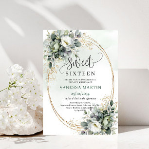 Invitación acuarela Boho Eucalyptus Gold Sweet 16