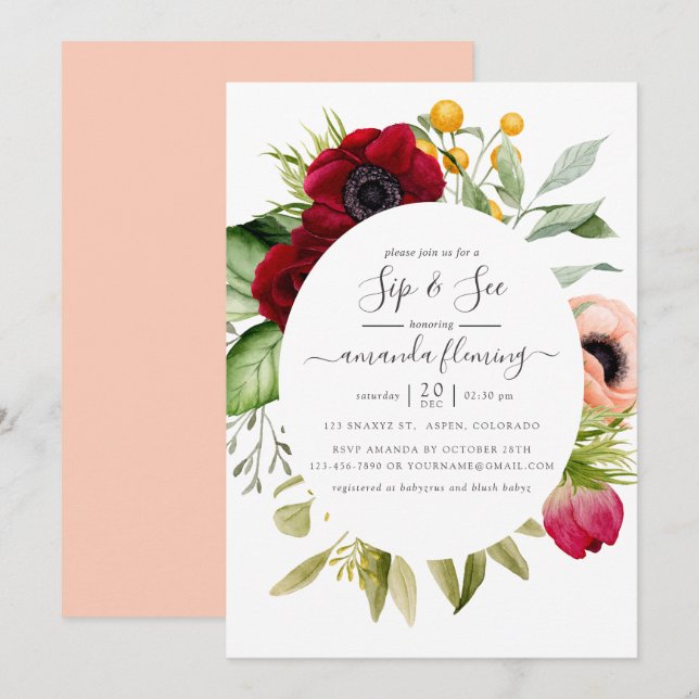 Invitación Acuarela Boho Floral Bebeando y Viendo (Anverso / Reverso)