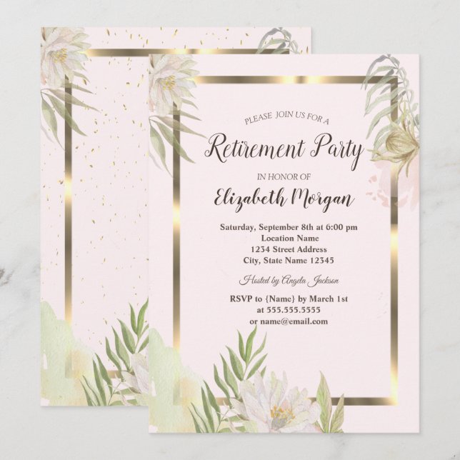 Invitación Acuarela Boho Flores de oro Retirada de tramas (Anverso / Reverso)