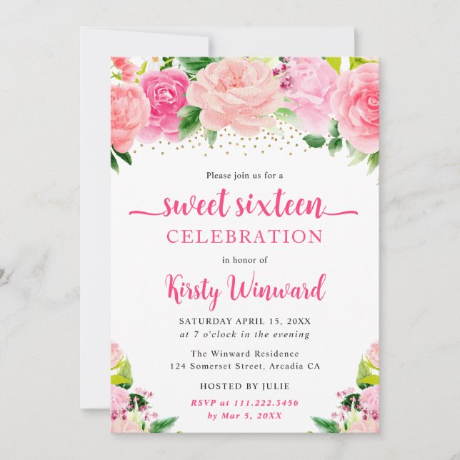 Invitación Acuarela Boho Flores Rosadas de Verano Cumpleaños  (Anverso)