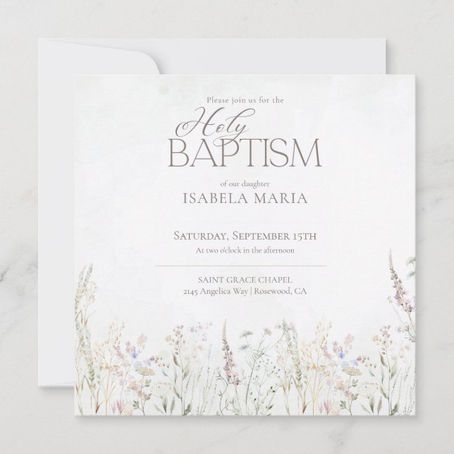 Invitación Acuarela Boho Flores Silvestres Santo Bautismo (Anverso)