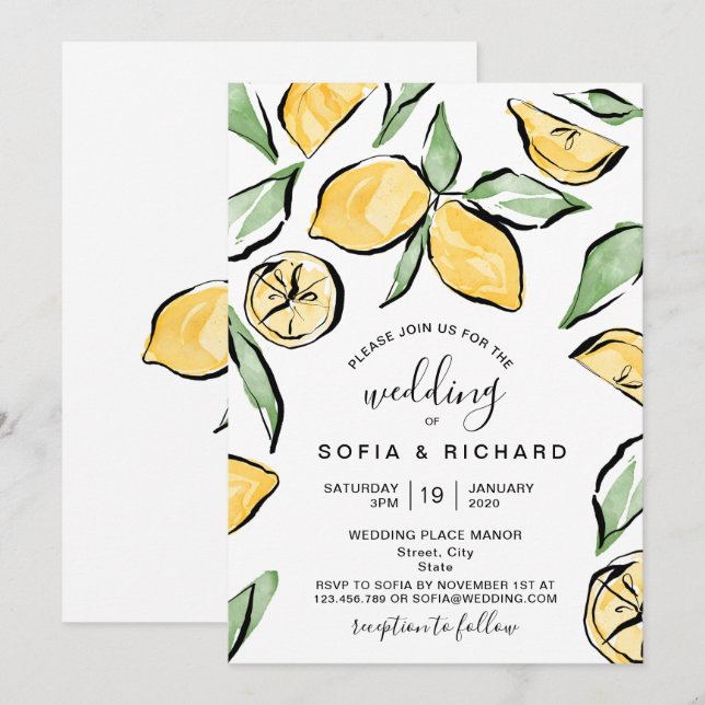 Invitación Acuarela Boho Limón Verde Citrus Verano (Anverso / Reverso)