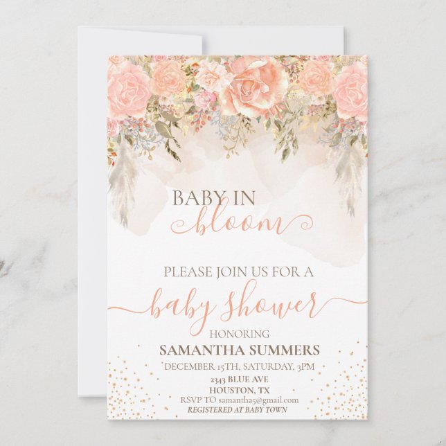 Invitación Acuarela Boho Melocotón En Flor Baby Shower  (Anverso)