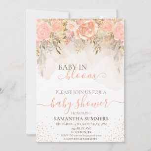 Invitación Acuarela Boho Melocotón En Flor Baby Shower 