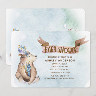 Invitación Acuarela Boho Oso Animales Rústicos Baby Shower