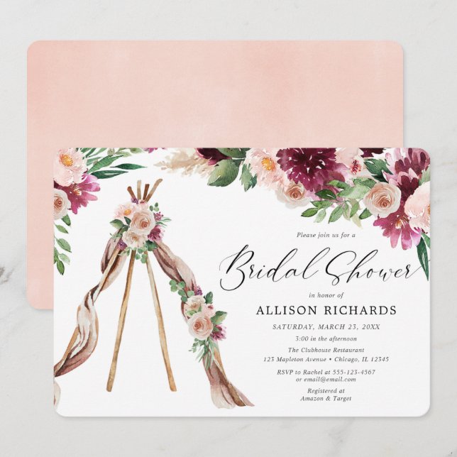 Invitación Acuarela Boho rosa burgundy floral ducha de novia (Anverso / Reverso)