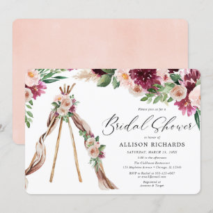 Invitación Acuarela Boho rosa burgundy floral ducha de novia