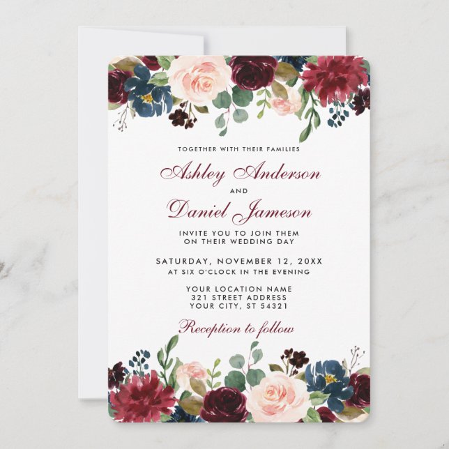 Invitación Acuarela Borgoña Azul Floral Elegante Boda W (Anverso)