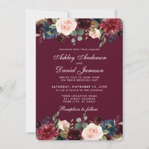 Invitación Acuarela Borgoña Azul Floral Elegante Boda WB