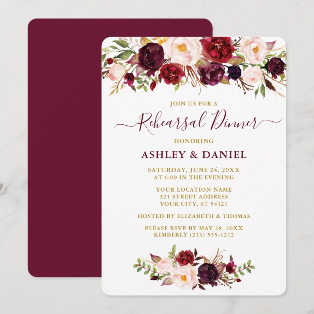 Invitación Acuarela Borgoña Ensayo de oro floral rosa (Anverso / Reverso)