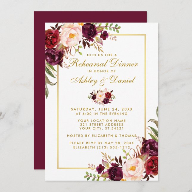 Invitación Acuarela Borgoña Ensayo Floral Cena Dorada (Anverso / Reverso)