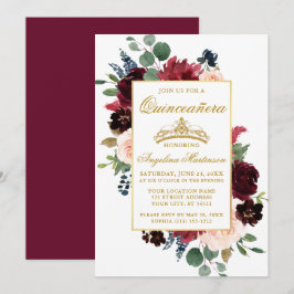 Invitación Acuarela Borgoña Floral Rosa Quinceanera